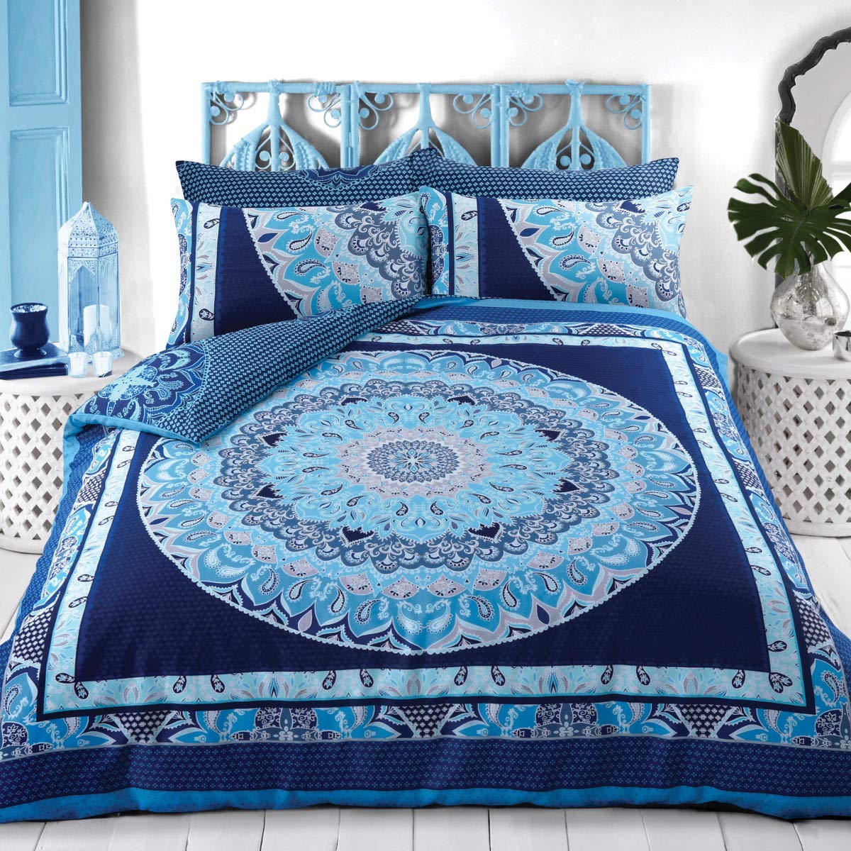 Sleepdown Pure Quality Paisley Mandala Blue Super King Duvet Quilt Cover Pillowcases
